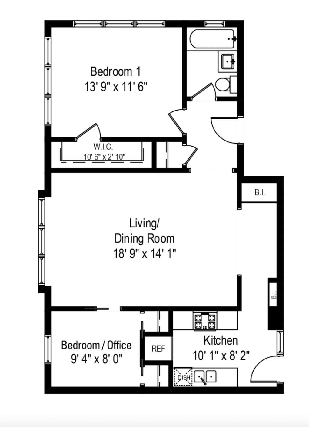 Floor plan for 1 bed, 1 bath, 870 sqft